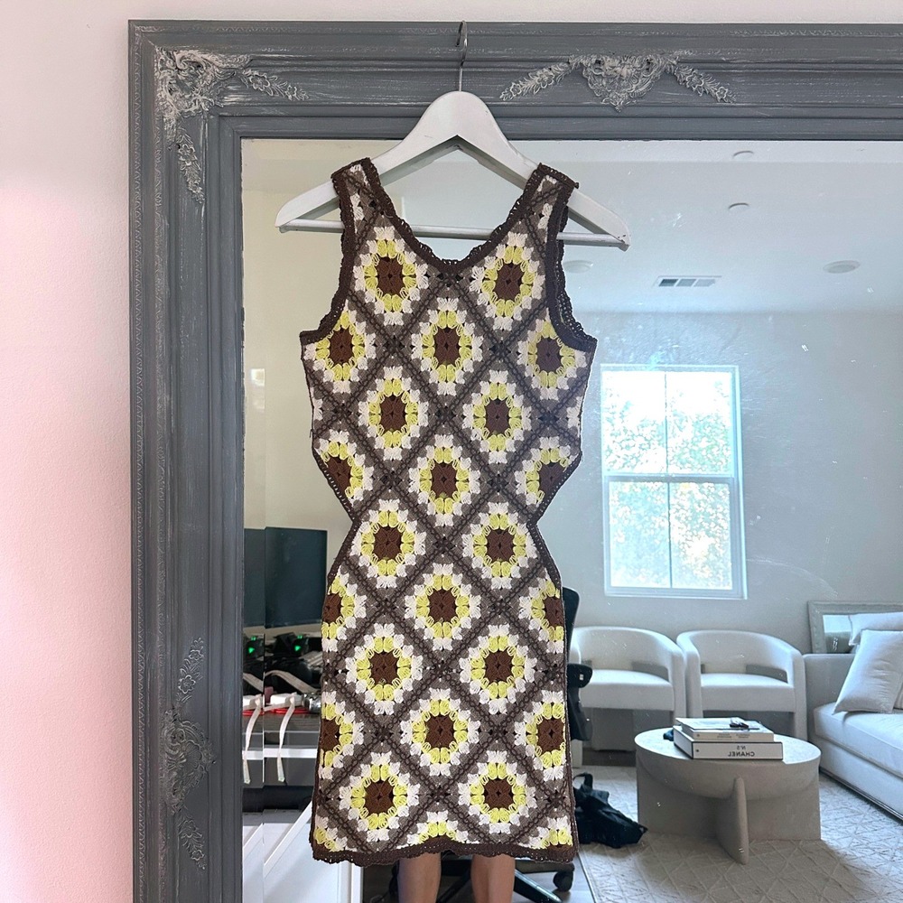 Vintage Y2K Cottagecore Crochet Knit Mini Dress Cover Up Cutout Granny Boho